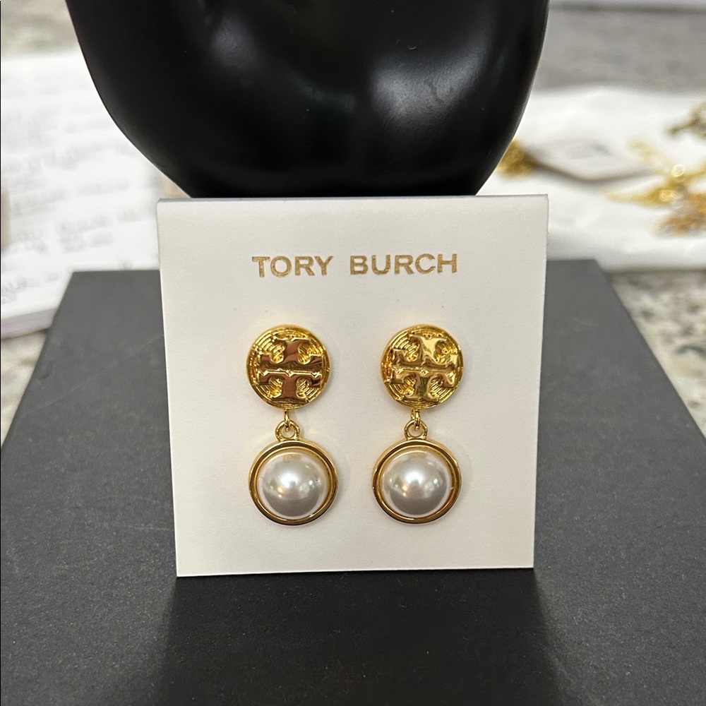 Tory Burch Gold and Pearl Double Drop Earrings